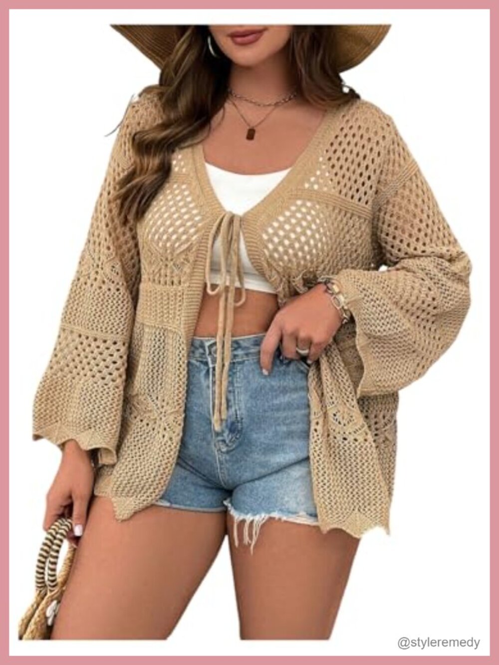 Women's Plus Size Sheer Crochet Cardigan Bow Tie Beach Coverup